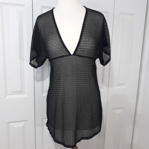 Jordan Taylor V Neck Black Stretch Swim Cover Up One Size Knit Short Sle…